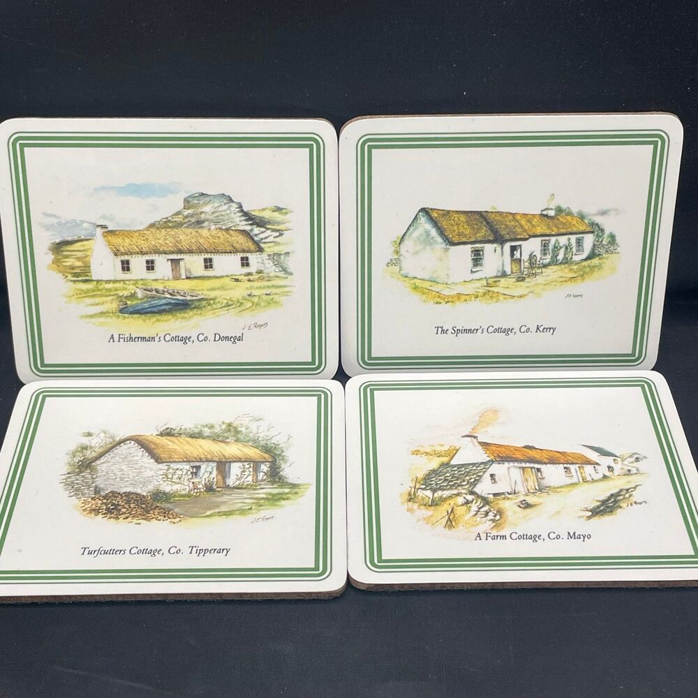 Set of 4 Pimpernel Irish Cottages Melamine Coasters Cork Back Box